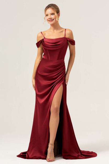 Mermaid cold shoulder pleated long satin bridesmaid dress with slit