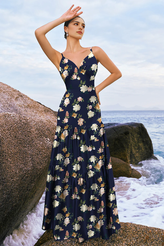 Floral skirt A-line thin shoulder strap satin long bridesmaid dress
