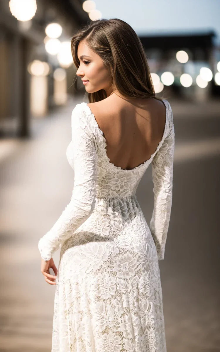 Flower lace summer wedding dress simple long sleeved backless princess wedding dress