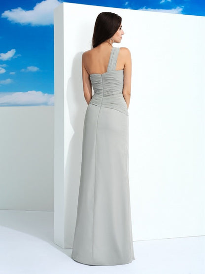Chiffon one shoulder sleeveless floor length dress with pleats