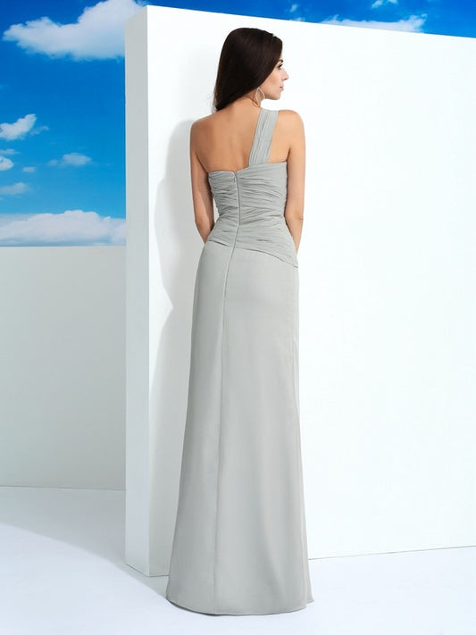 Chiffon one shoulder sleeveless floor length dress with pleats