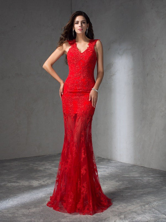 Mermaid V-neck sleeveless backless lace long dress