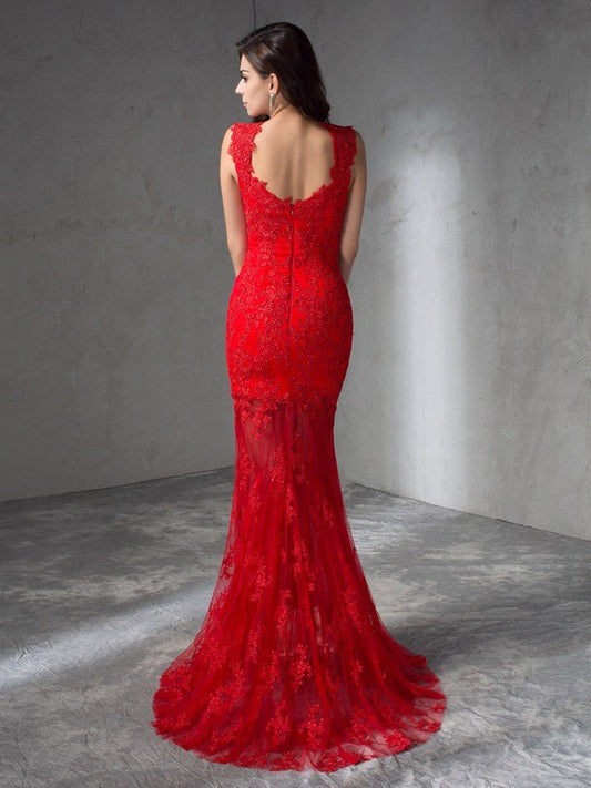 Mermaid V-neck sleeveless backless lace long dress