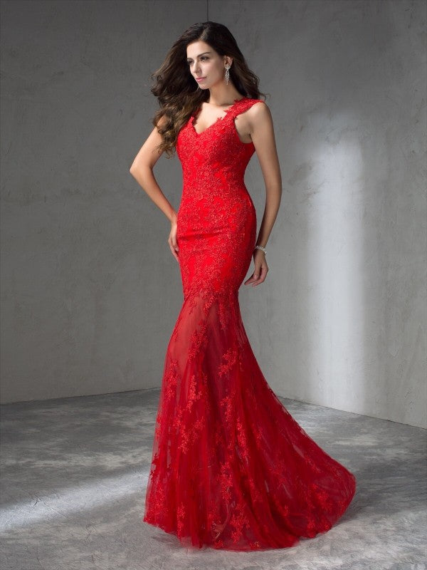 Mermaid V-neck sleeveless backless lace long dress