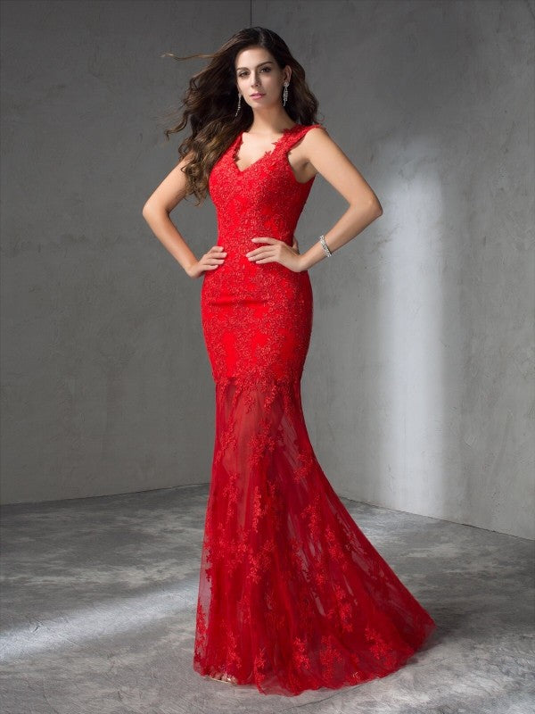 Mermaid V-neck sleeveless backless lace long dress