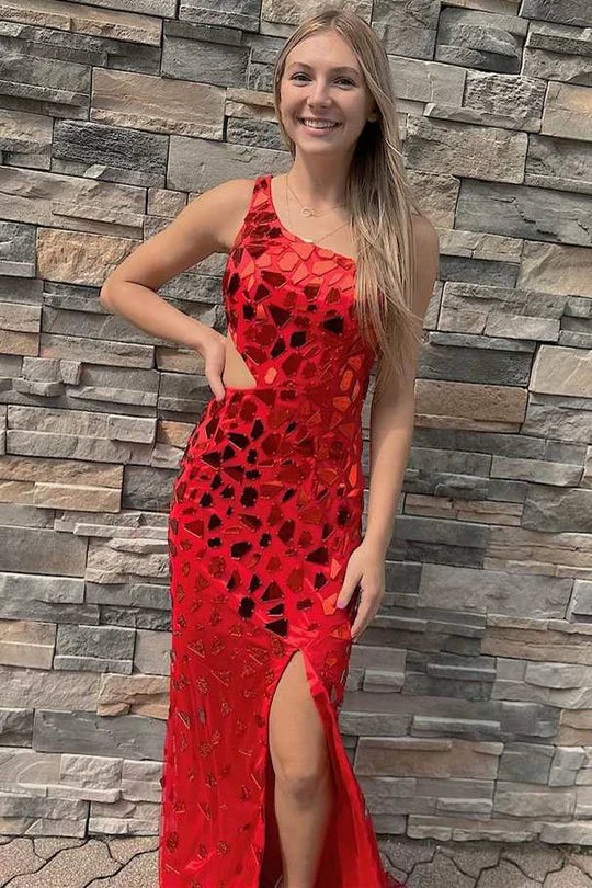Cut glass mirror single shoulder hollow out long dress with slit for dance party