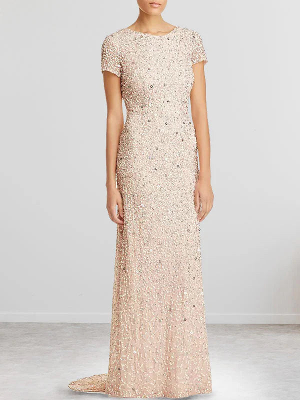 Round neck short sleeved sequined tight fitting long bridal gown