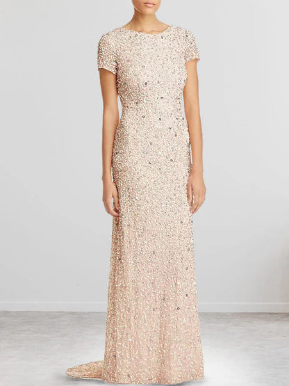 Round neck short sleeved sequined tight fitting long bridal gown