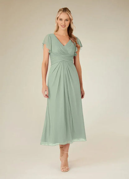 Eucalyptus tree A-line V-neck pleated mesh tea long mother of bride dress