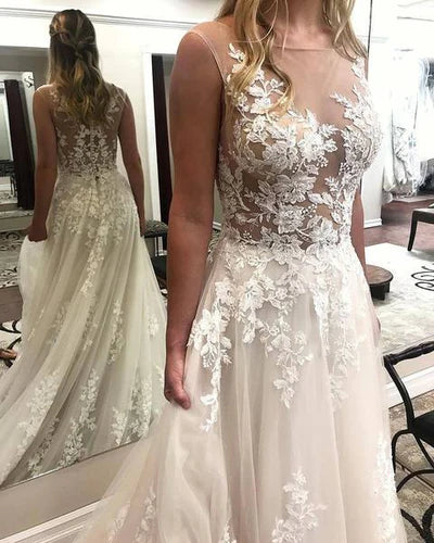 Elegant transparent sleeveless sheer lace applique wedding dress