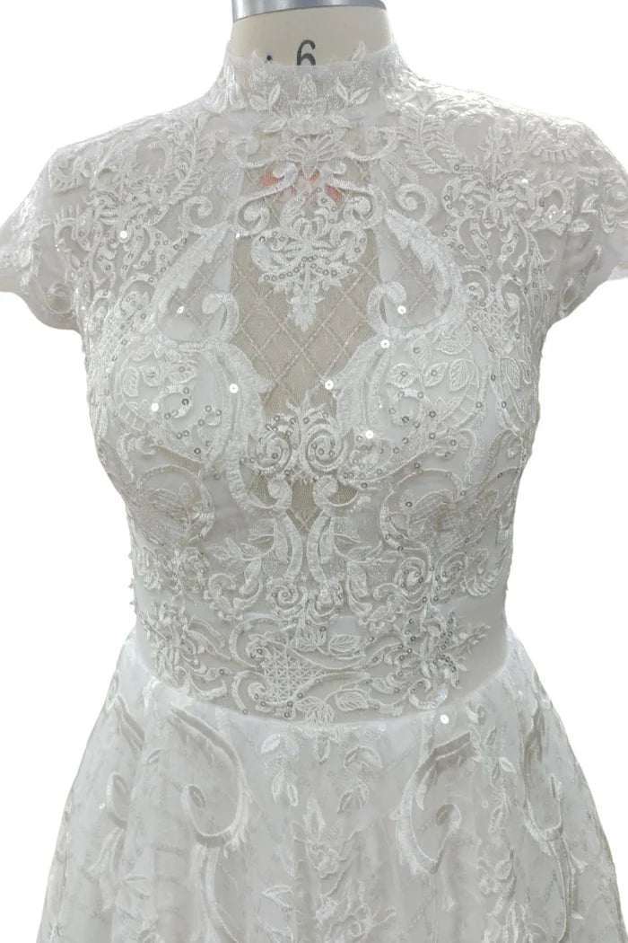 Decal high neck lace wedding dress with sequins