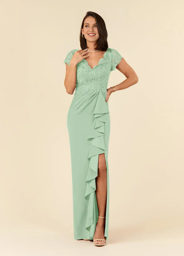 Tight lace short sleeved and floor length mother of the bride dress