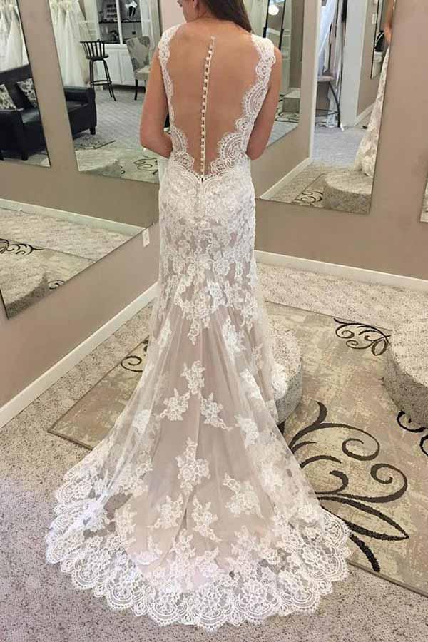 Mermaid Round Neck Lace Patch Flower Dew Back Wedding Dress
