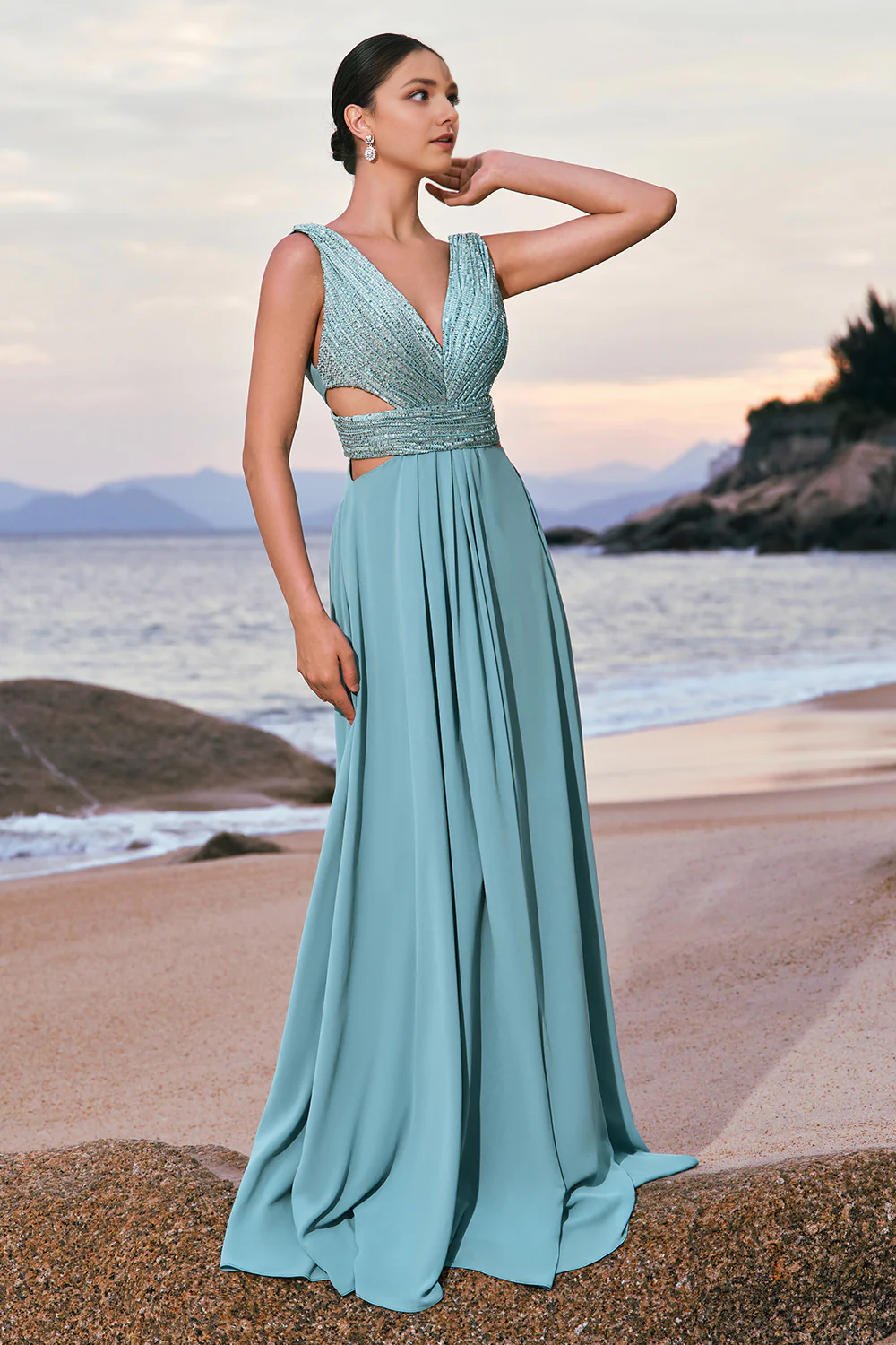 Glitter Grey Green A-Line Sequin Chiffon Long Bridesmaid Dress with Slit