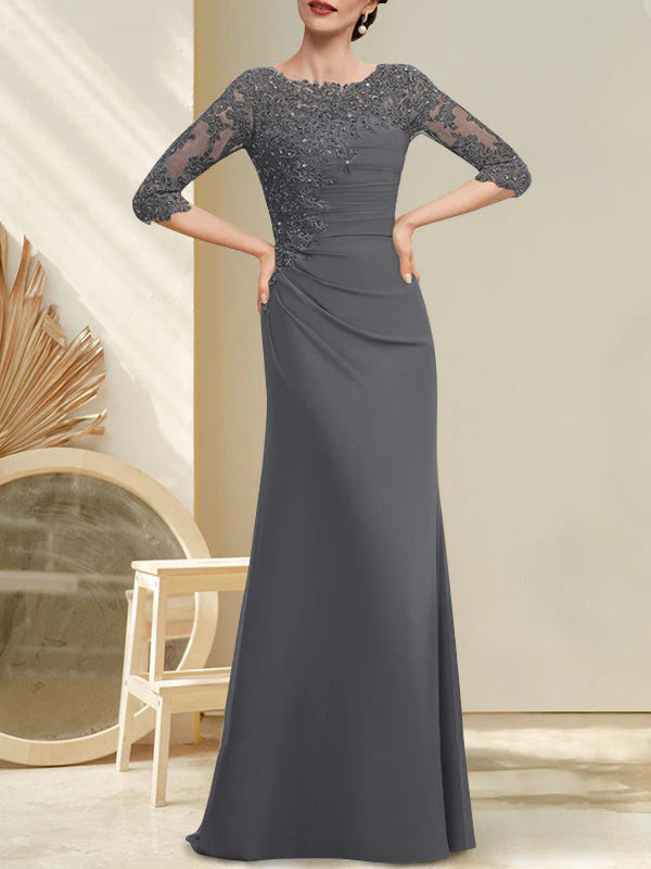 A-line Scoop Floor-Length Chiffon Lace Mother of the Bride Dress With Beading Pleated Sequins