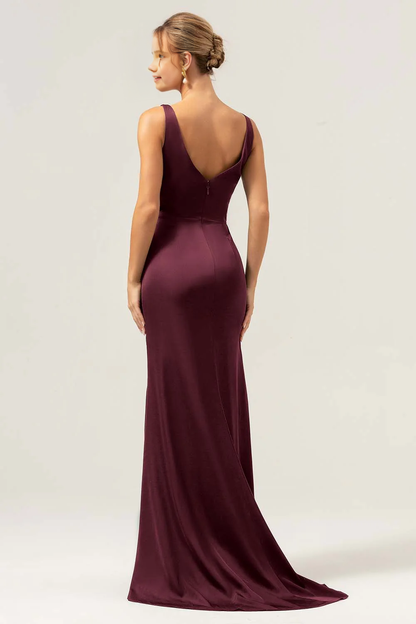 Mermaid V-neck pleated high-low satin bridesmaid dress with slit