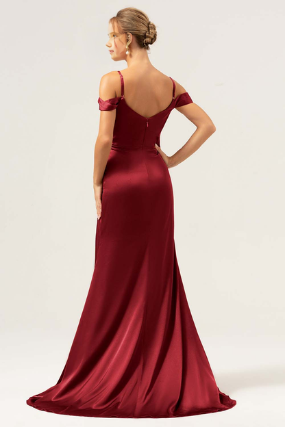 Mermaid cold shoulder pleated long satin bridesmaid dress with slit