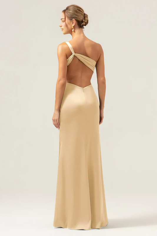 Elegant mermaid one shoulder pleated backless bridesmaid dress
