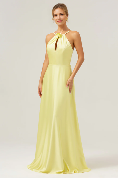 Yellow A Line Halter Backless Floor Length Bridesmaid Dress with Flower