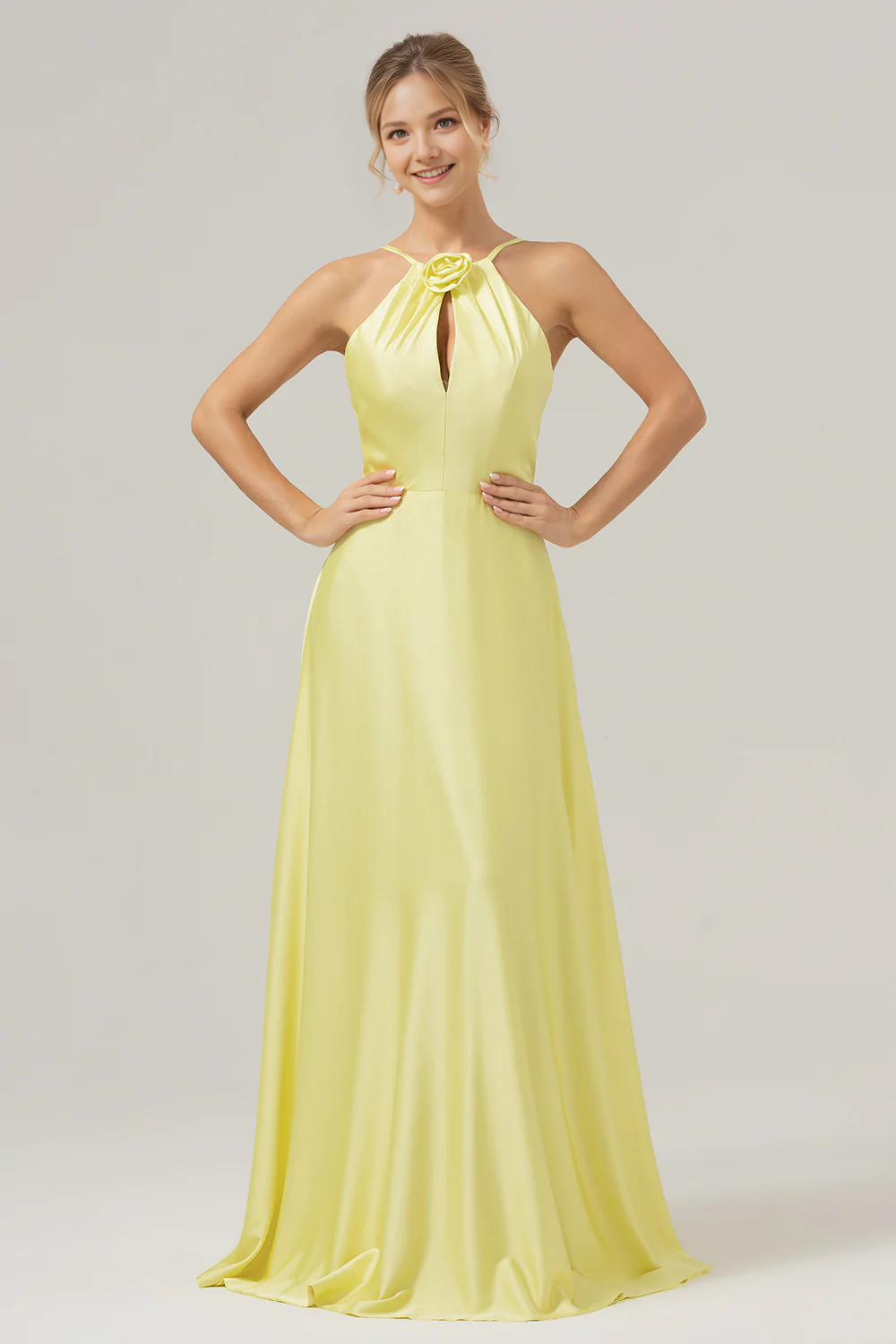 Yellow A Line Halter Backless Floor Length Bridesmaid Dress with Flower