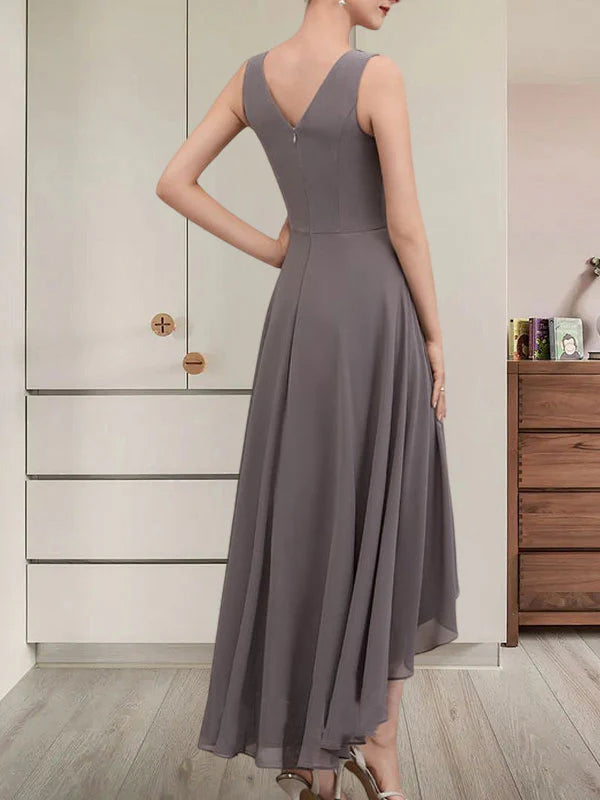 A-line V-Neck Asymmetrical Chiffon Mother of the Bride Dress With Beading Sequins