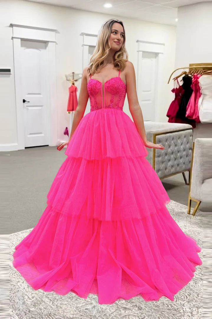 Hot pink camisole deep V-layered cake dress tight waist cinching corset ball gown