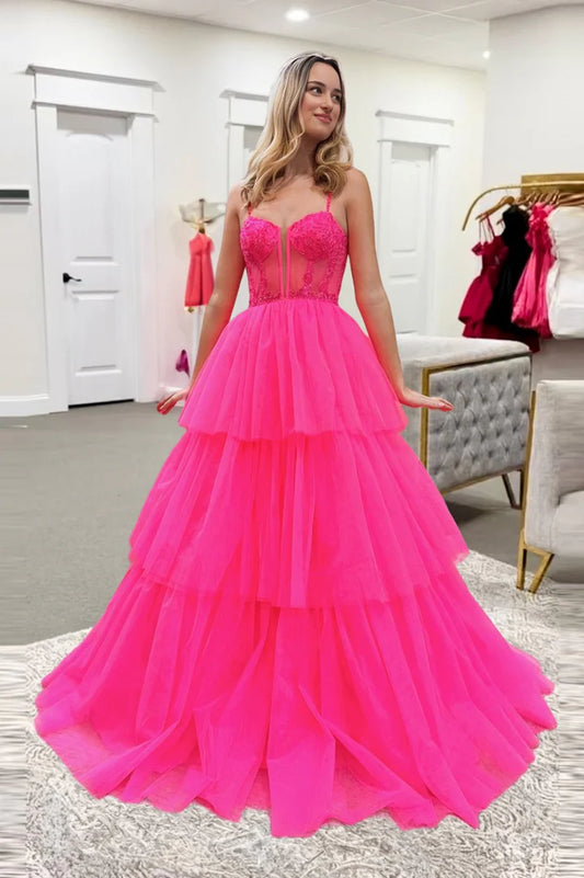 Hot pink camisole deep V-layered cake dress tight waist cinching corset ball gown