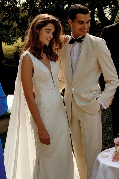 Elegant Mermaid Deep V Neck White Long Bridal Dress with Open Back
