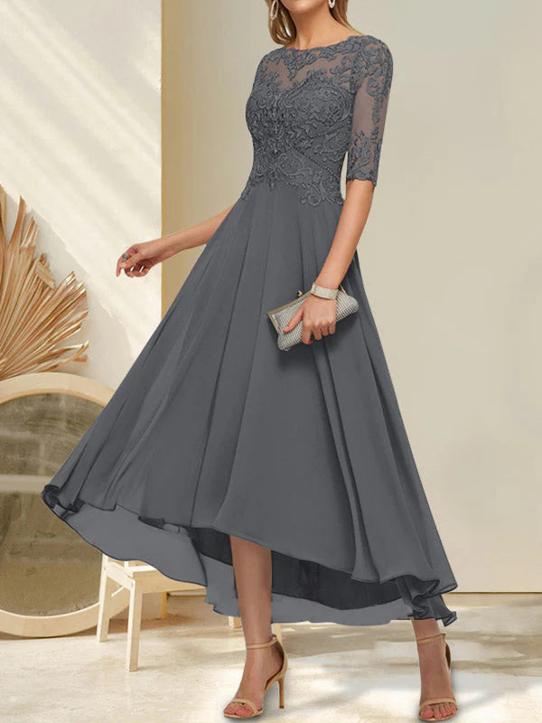 A-line Boat Neck Illusion Asymmetrical Chiffon Lace Mother of the Bride Dress With Sequins Beading