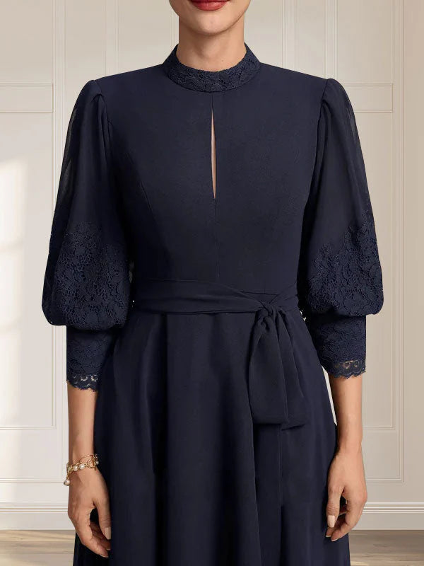 A-line High Neck Tea-Length Lace Chiffon Mother of the Bride Dress With Bow