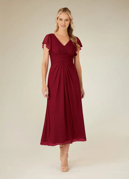 Eucalyptus tree A-line V-neck pleated mesh tea long mother of bride dress