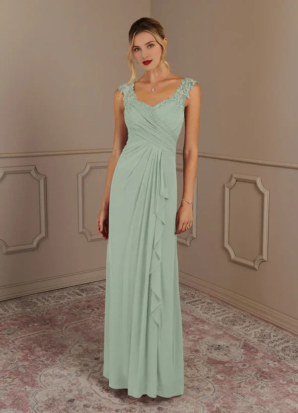 A-shaped heart-shaped collar pleated mesh fabric and floor length mother of bride dress