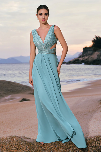 Glitter Grey Green A-Line Sequin Chiffon Long Bridesmaid Dress with Slit