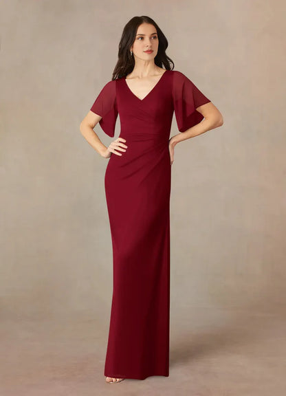 A-line V-neck pleated mesh and floor length mother of the bride dress