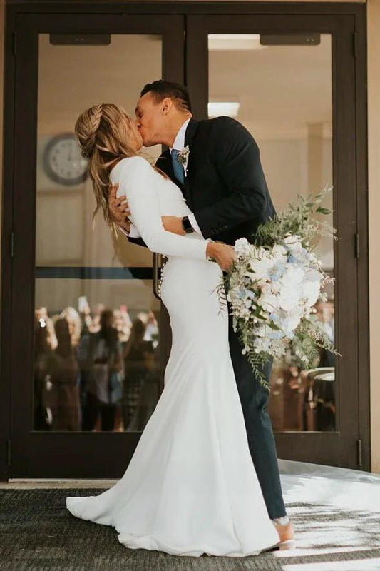 Elegant long sleeved dignified mermaid summer wedding dress, simple satin long sleeved minimalist dress