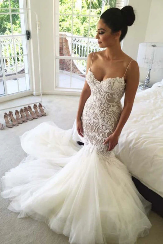 Charming mermaid sweetheart backless thin suspender chiffon wedding dress