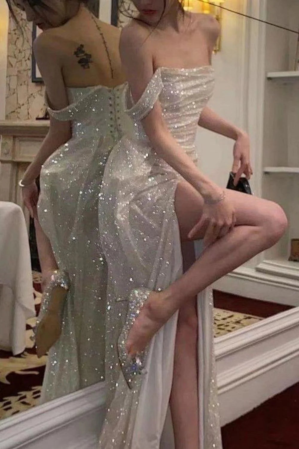 Elegant Mermaid Off the Shoulder Silver Sequins Long Prom Dress with Split Front