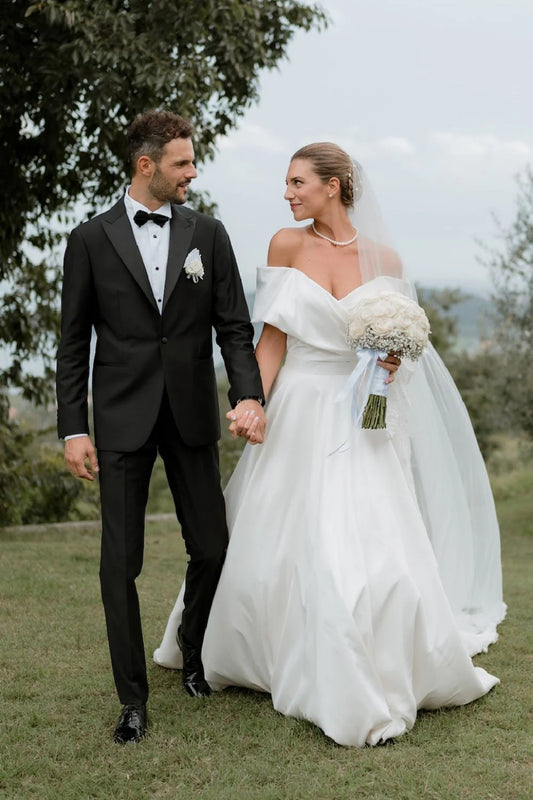 Charming A Line Off the Shoulder White Long Wedding Dress