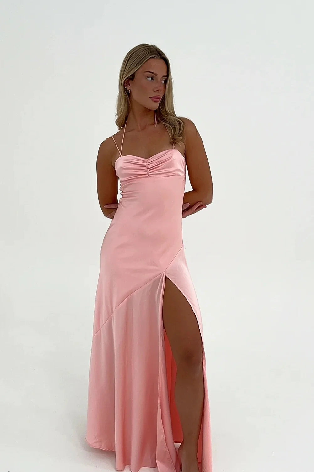 Simple Sheath Spaghetti Straps Pink Long Party Dress with Split Front Prom Dress