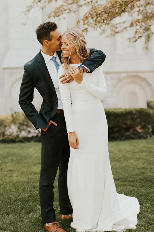 Elegant long sleeved dignified mermaid summer wedding dress, simple satin long sleeved minimalist dress