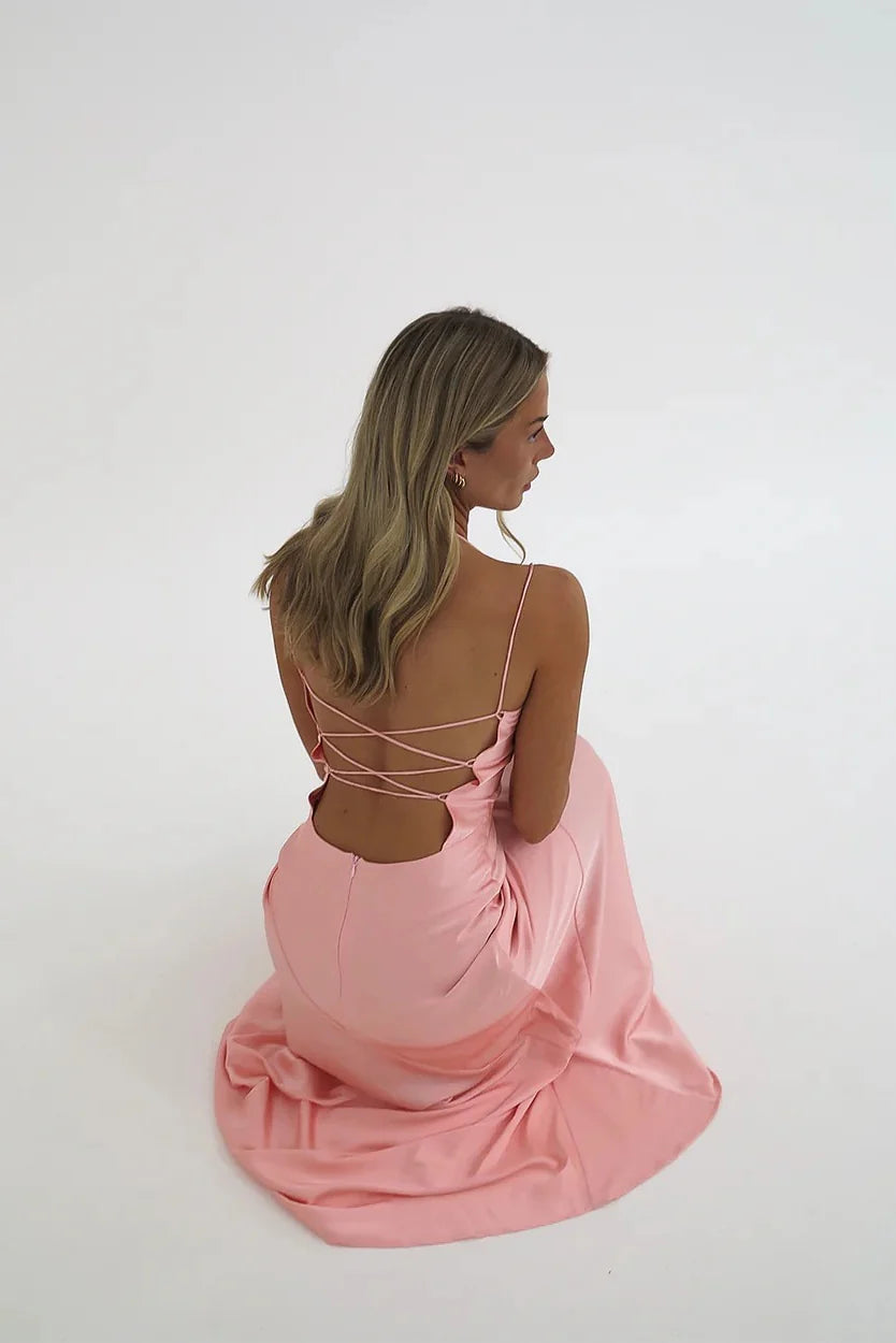 Simple Sheath Spaghetti Straps Pink Long Party Dress with Split Front Prom Dress
