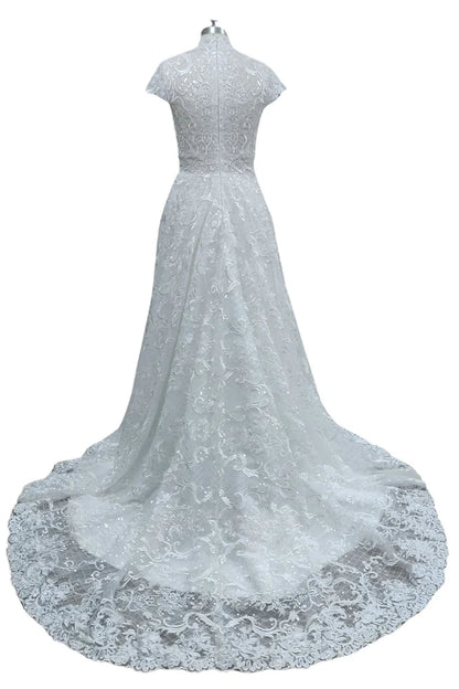 Decal high neck lace wedding dress with sequins