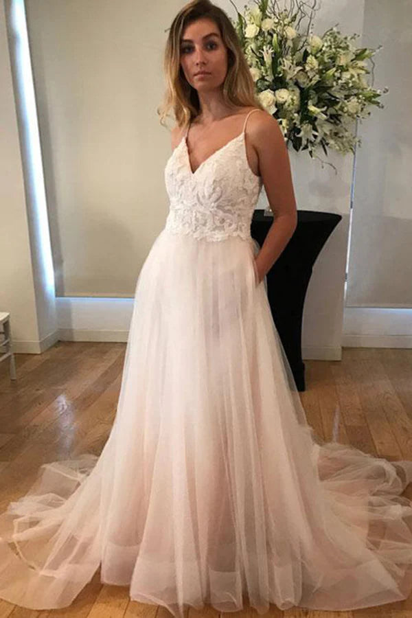 Chic Spaghetti Straps V Back Sleeveless Tulle Floor Length A Line Wedding Dresses
