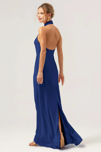 Hanging neck backless long satin bridesmaid dress with slit