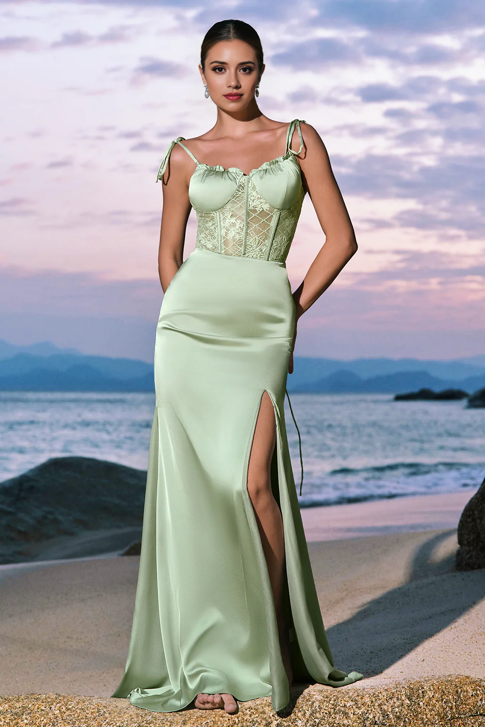 Satin thin shoulder strap tight corset long mermaid bridesmaid dress with slit
