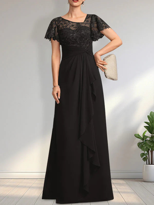 A-line Asymmetrical Illusion Floor-Length Lace Chiffon Mother of the Bride Dress With Cascading Ruffles Sequins