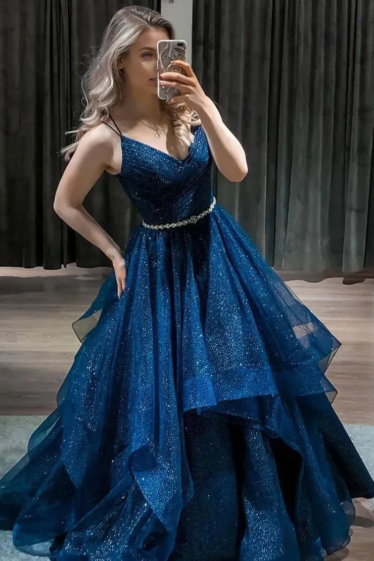 Elegant Dark Blue A Line Deep-V Neck Sleeveless Lace Up Glitter Tiered Tulle Ruffle Floor-Length Prom Dresses ﻿