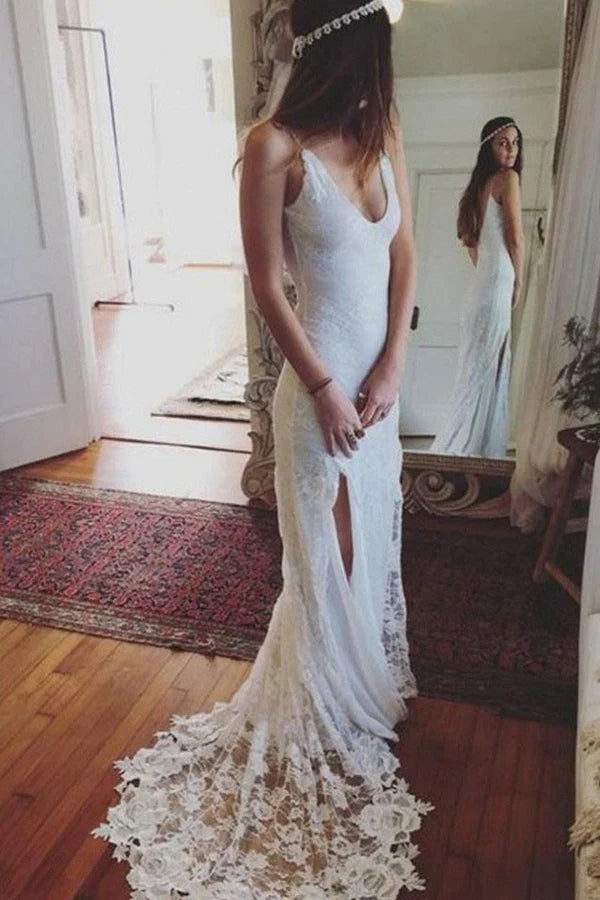 Mermaid thin suspender backless lace wedding dress