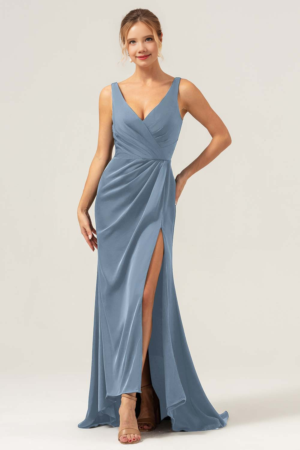 Mermaid V-neck pleated high-low satin bridesmaid dress with slit