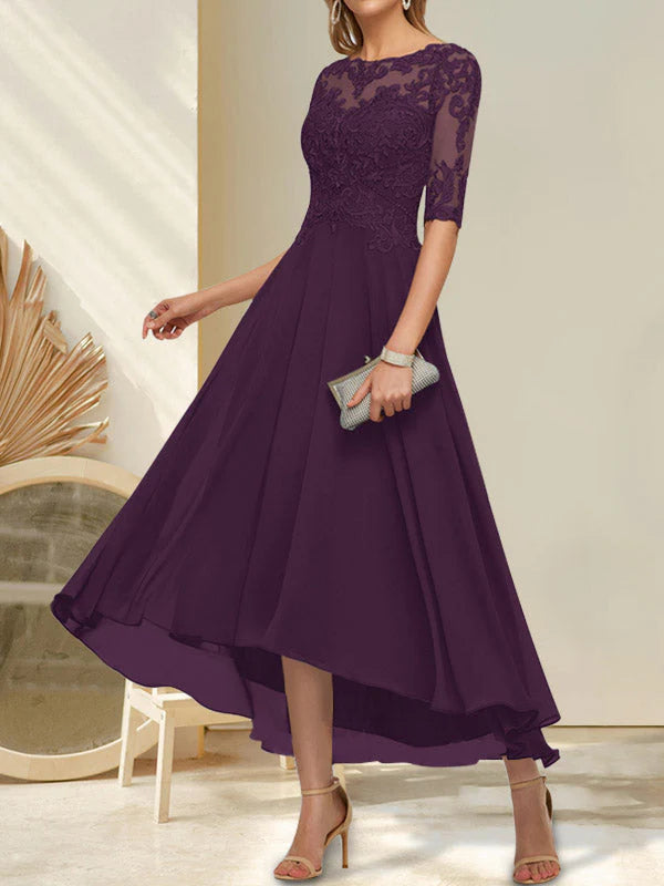 A-line Boat Neck Illusion Asymmetrical Chiffon Lace Mother of the Bride Dress With Sequins Beading